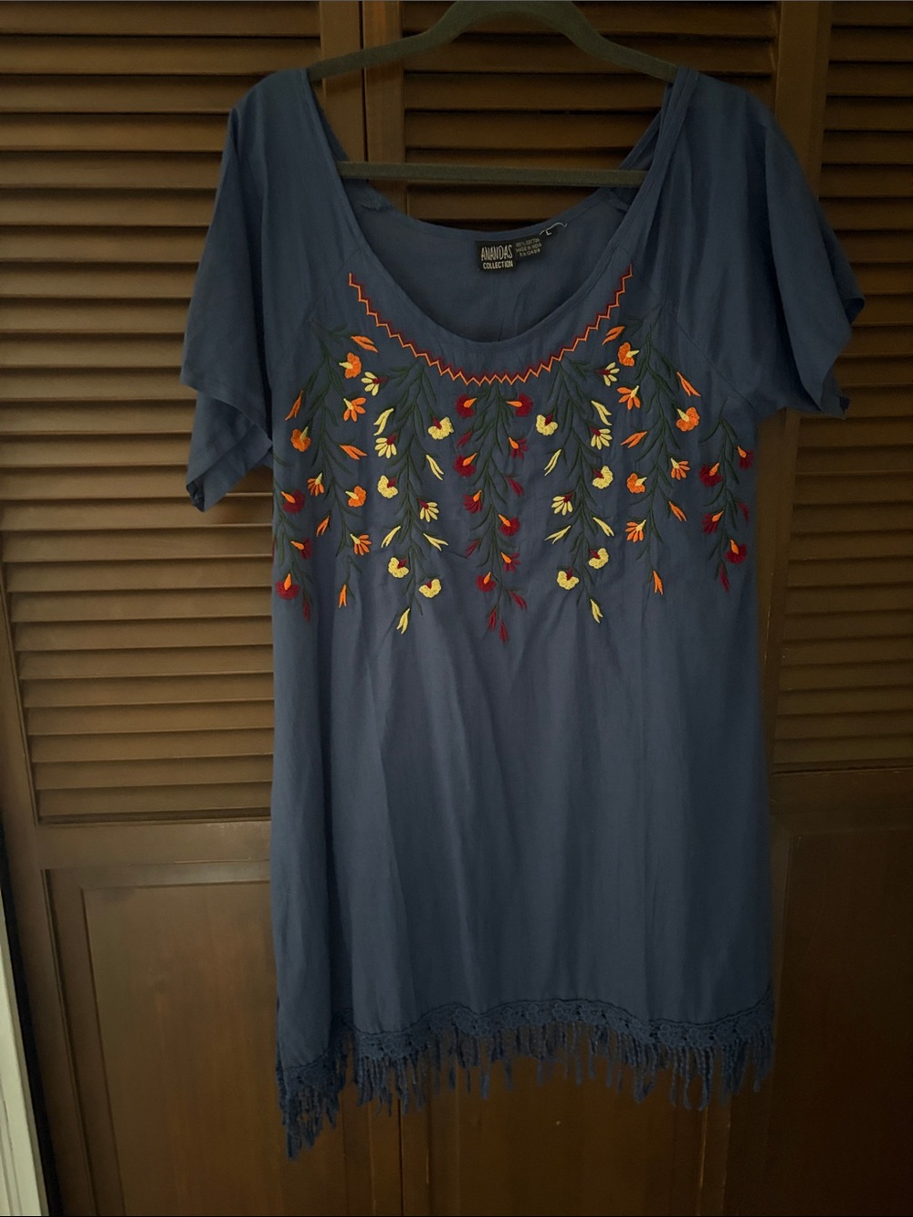 Amanda’s Collection Navy Embroidered Fringe Tunic with Multi-Color Floral Accent
